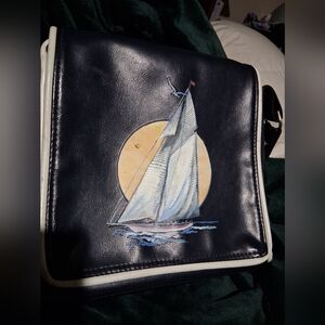 Vintage The Original Keys Handbag Flap Vinyl Sailboat Moon Navy White